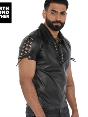 NorthBound Men's Leather Black Lace-Up Short Sleeve Shirt - XL - Style 6034.